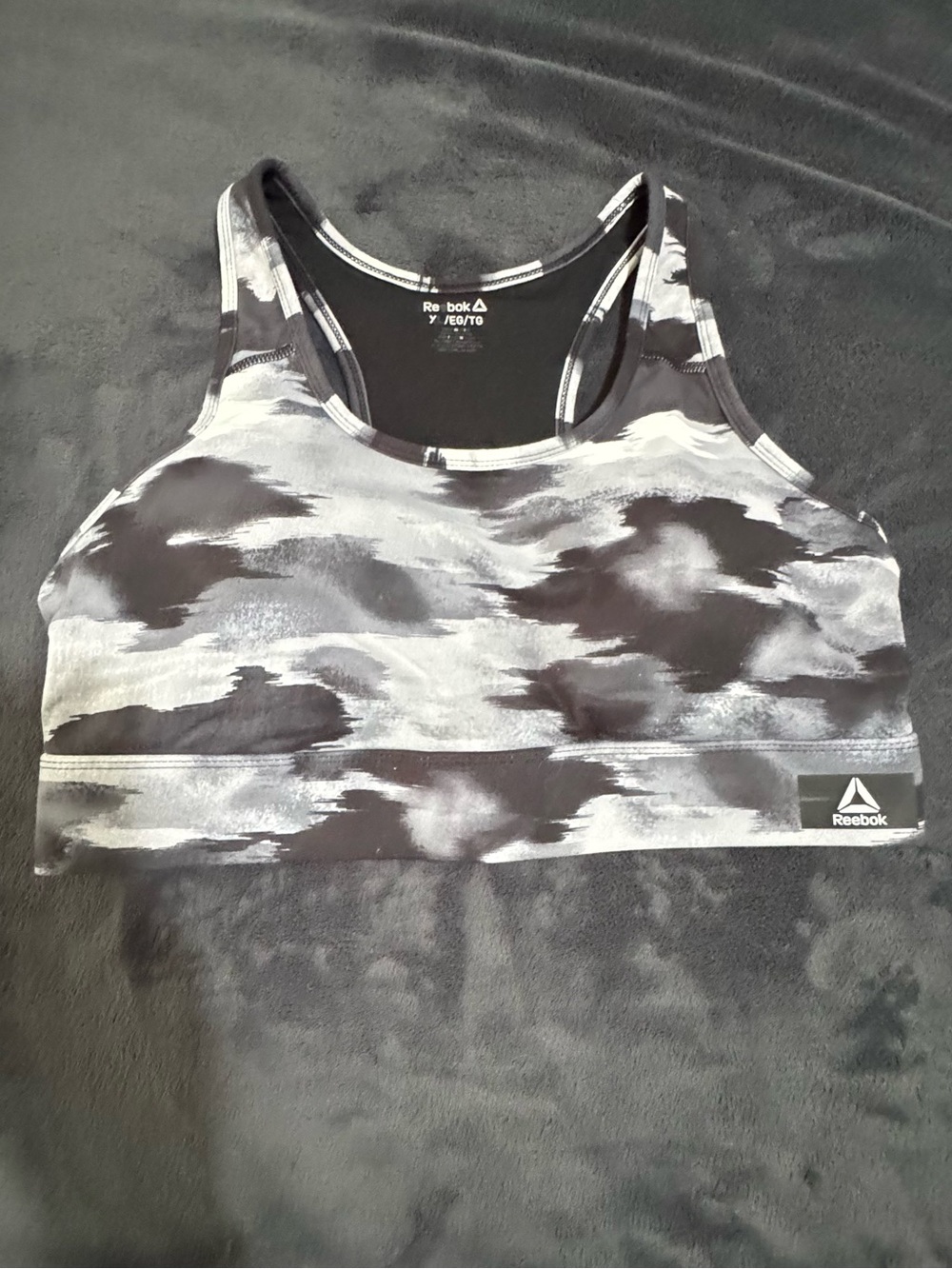 Reebok Black & Gray Abstract Print Racerback Sports Bra With Pocket